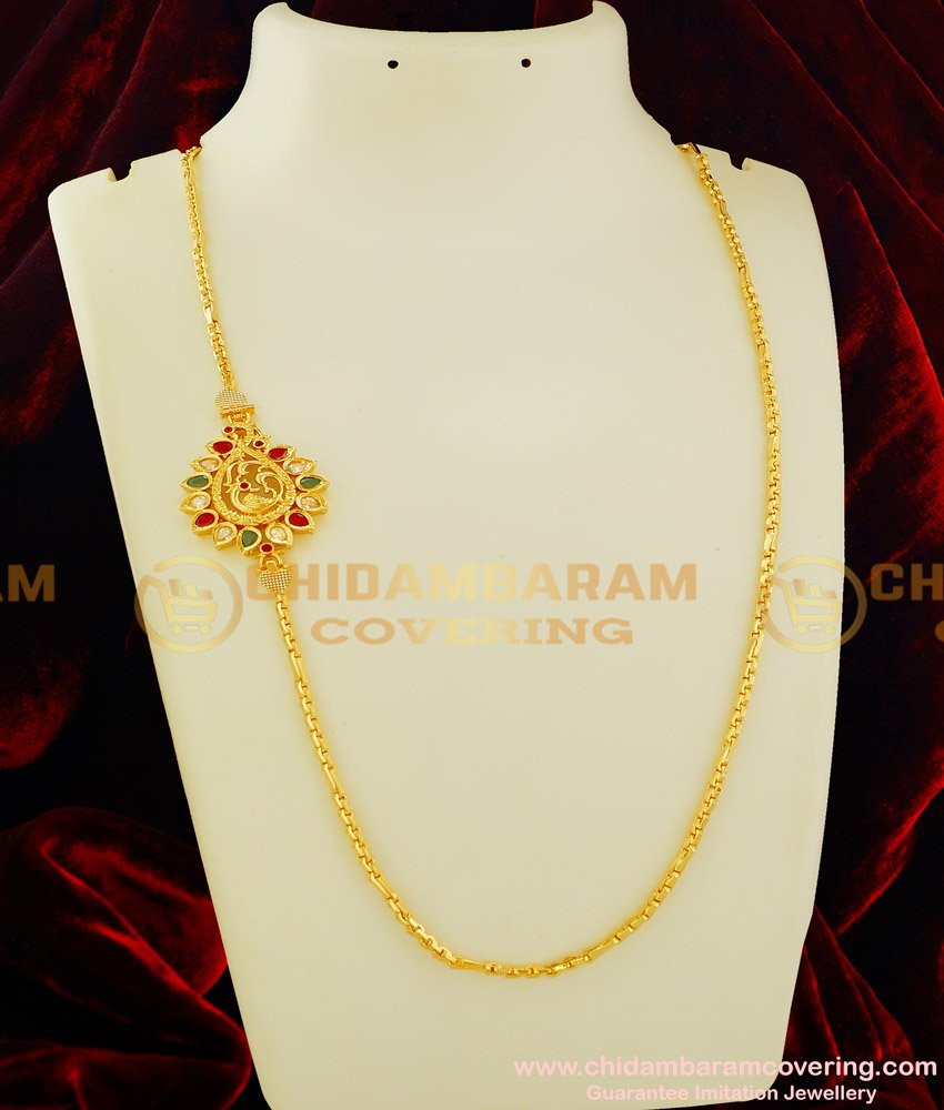 MCHN111 - Trendy Multi Stone Peacock Side Locket Mugappu Chain Micro Plated Jewellery Online