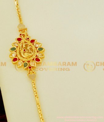 MCHN111 - Trendy Multi Stone Peacock Side Locket Mugappu Chain Micro Plated Jewellery Online