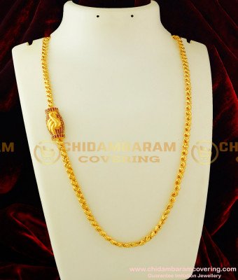MCHN112 - New Design Full Ruby Stone Peacock Design Mugappu Thali Chain for Women