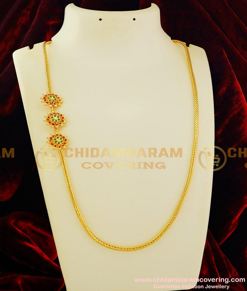 MCHN115 - New Colourful Multi Stone Flower Design One Gram Gold Mugappu Chain Buy Online 