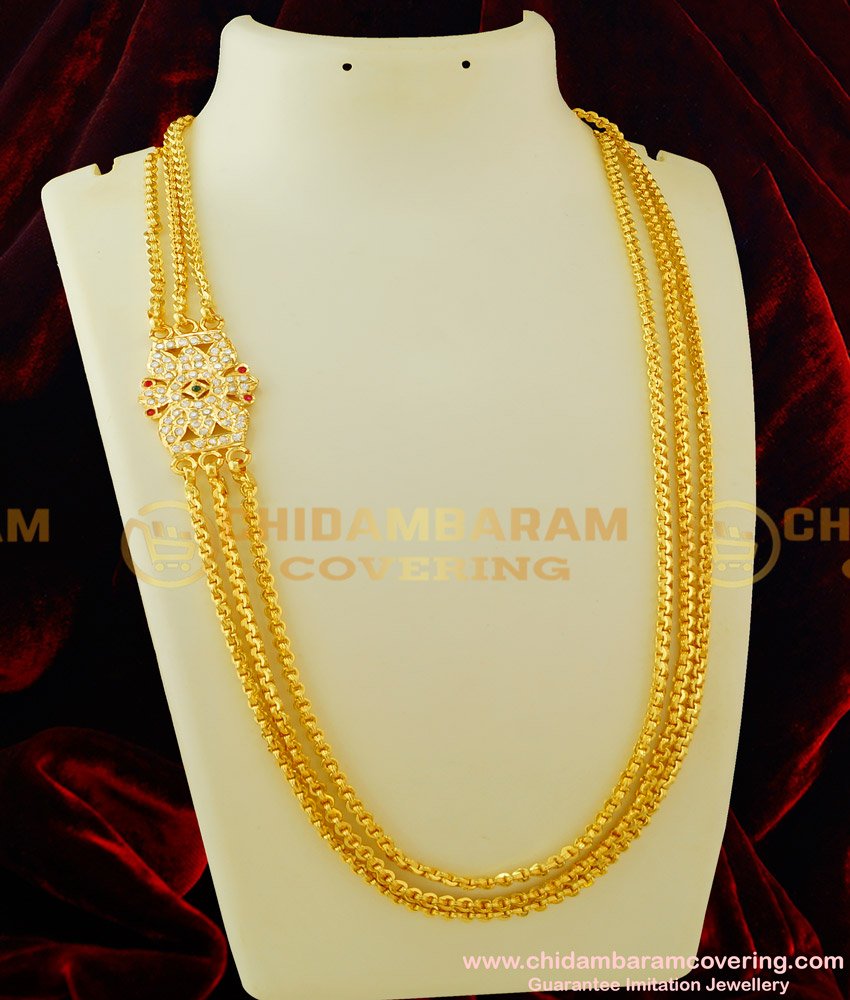 MCHN125 - Impon Multi Stone Flower Design Mugappu Three Line Chain Side Pendant Design for Women