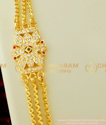 MCHN125 - Impon Multi Stone Flower Design Mugappu Three Line Chain Side Pendant Design for Women