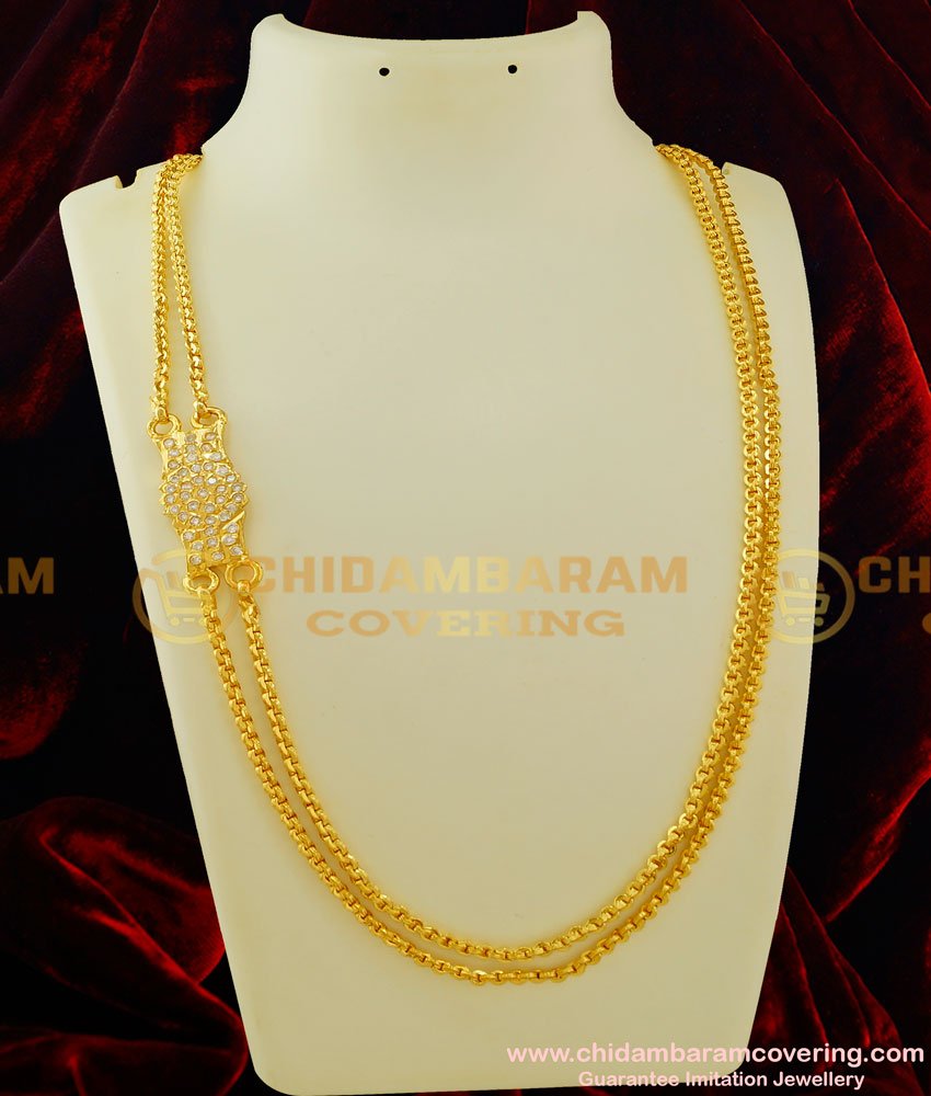 MCHN127 - 30 Inches Long Impon White Atone Mugappu Double Chain Gold Plated Thali Chain For Women  