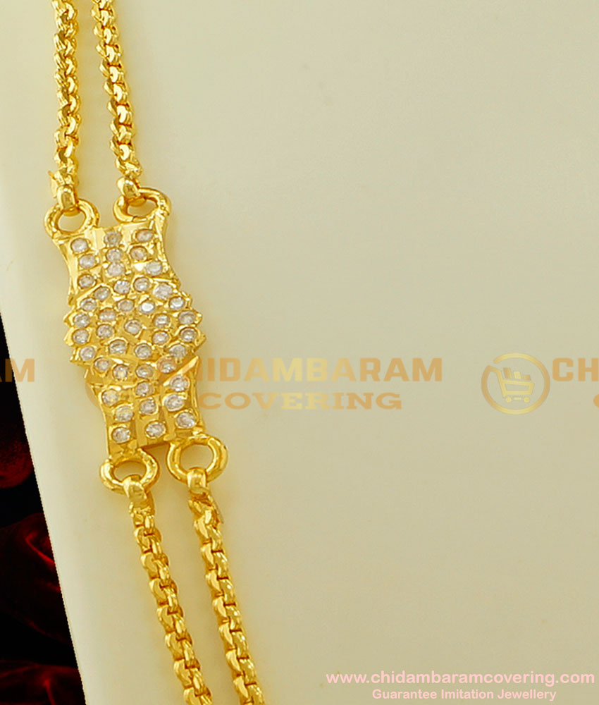 MCHN127 - 30 Inches Long Impon White Atone Mugappu Double Chain Gold Plated Thali Chain For Women  