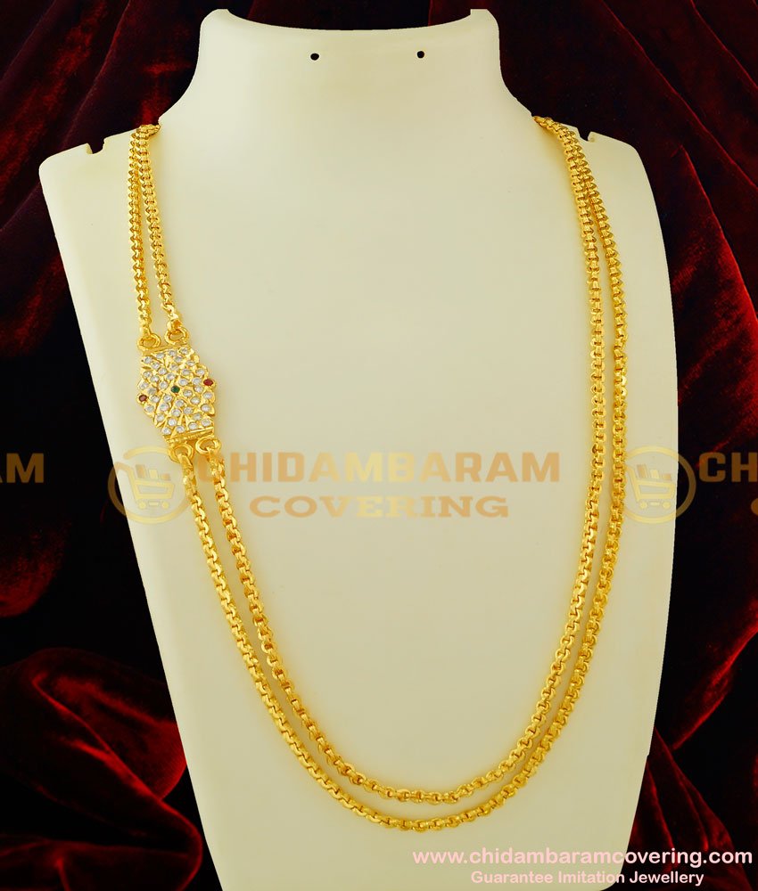MCHN130 - Beautiful Impon Multi Stone Side Pendant Double Chain String Mugappu Chain Collections Online