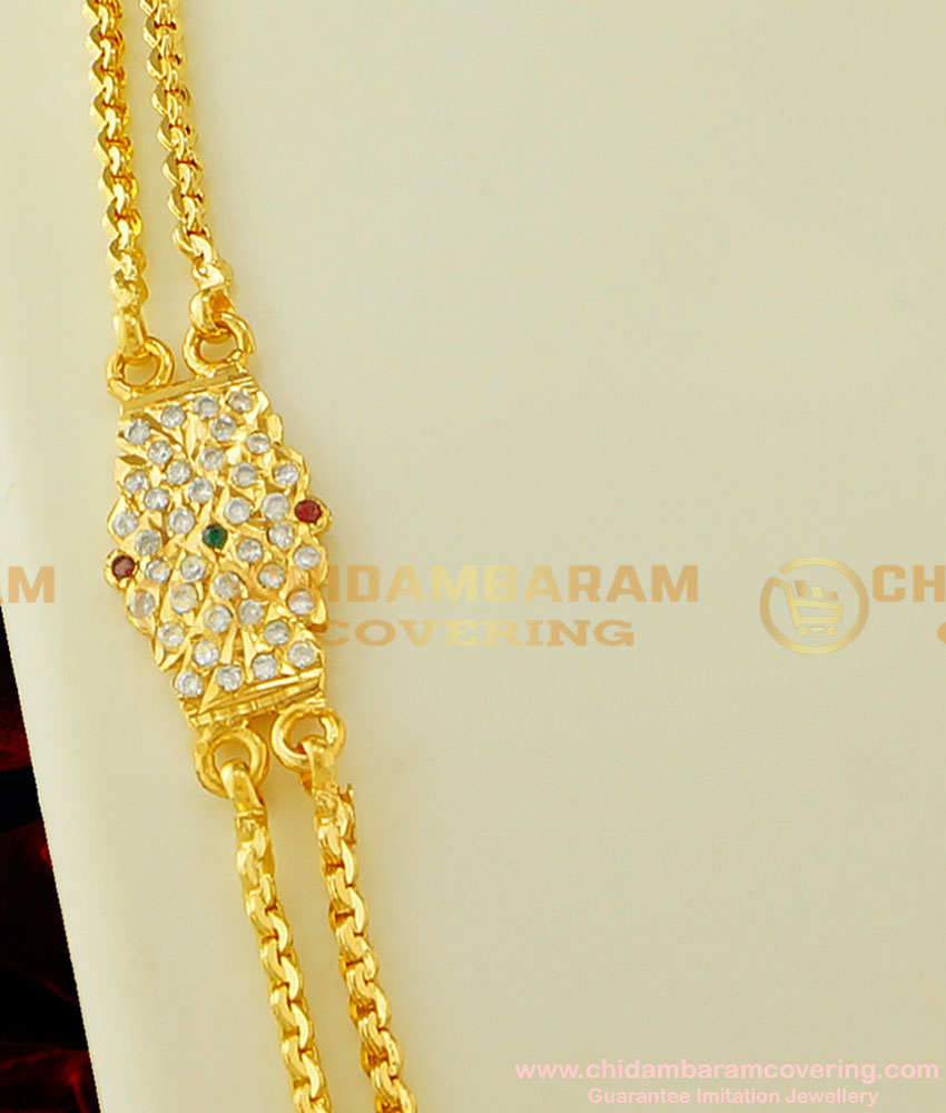 MCHN130 - Beautiful Impon Multi Stone Side Pendant Double Chain String Mugappu Chain Collections Online