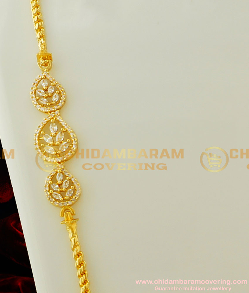 MCHN131 - 30 Inches Gold Design Thali Chain AD Stone Leaf Design 1 Gram Gold Side Mugappu for Women