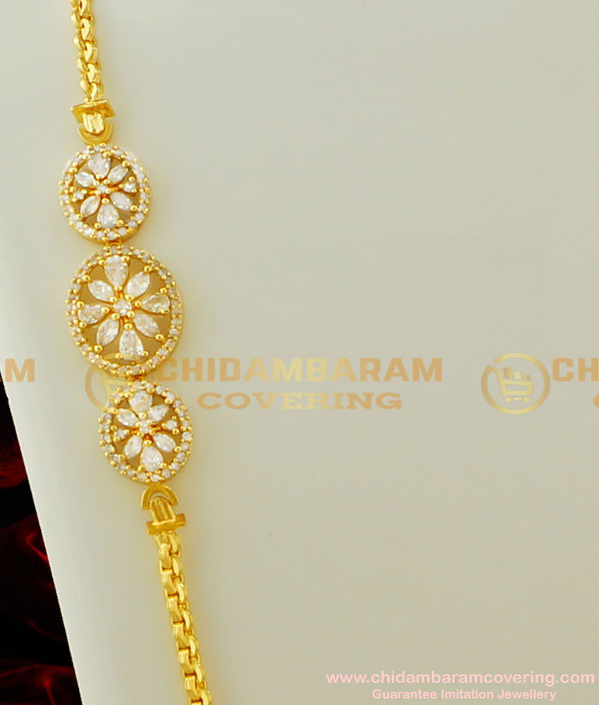 MCHN139 - 30 Inches Semi Precious Full White Stone Mugappu Thali Chain Gold Design for Ladies 