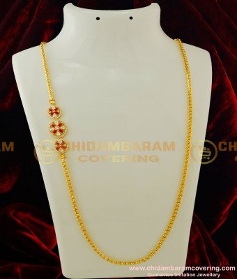 MCHN140 - 30 Inches One Gram Gold White and Red Stone Side Pendant Fancy Design Long Mugappu Chain 