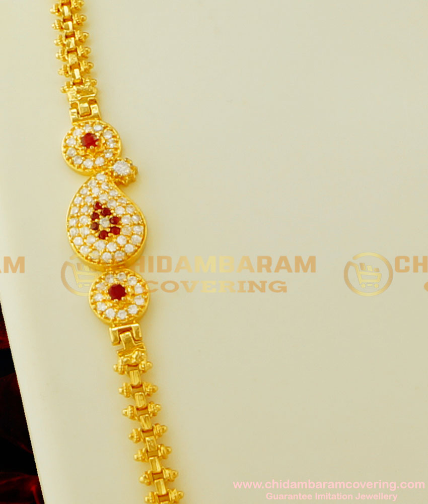 MCHN150 - New Model High Quality Ruby Stone White Stone Mango Shape Mugappu Thali Chain Designs for Women 