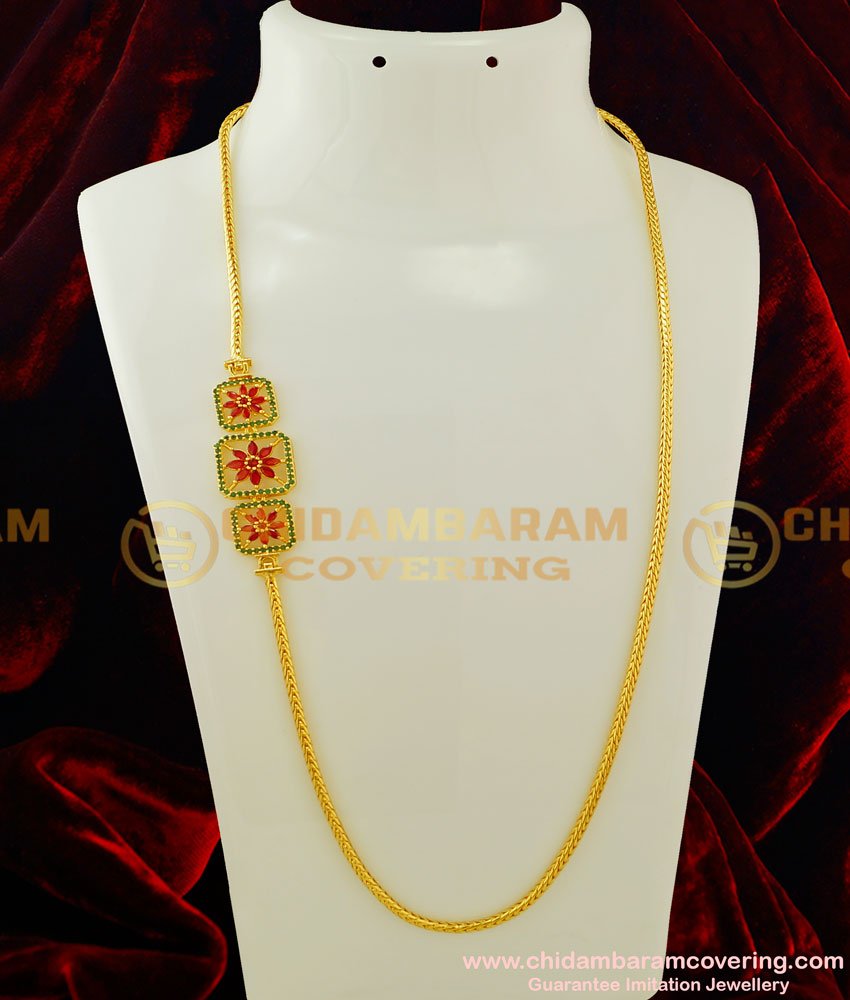 MCHN153 - Latest Daily Wear Ruby Emerald Flower Design Side Mugappu Chain for Women