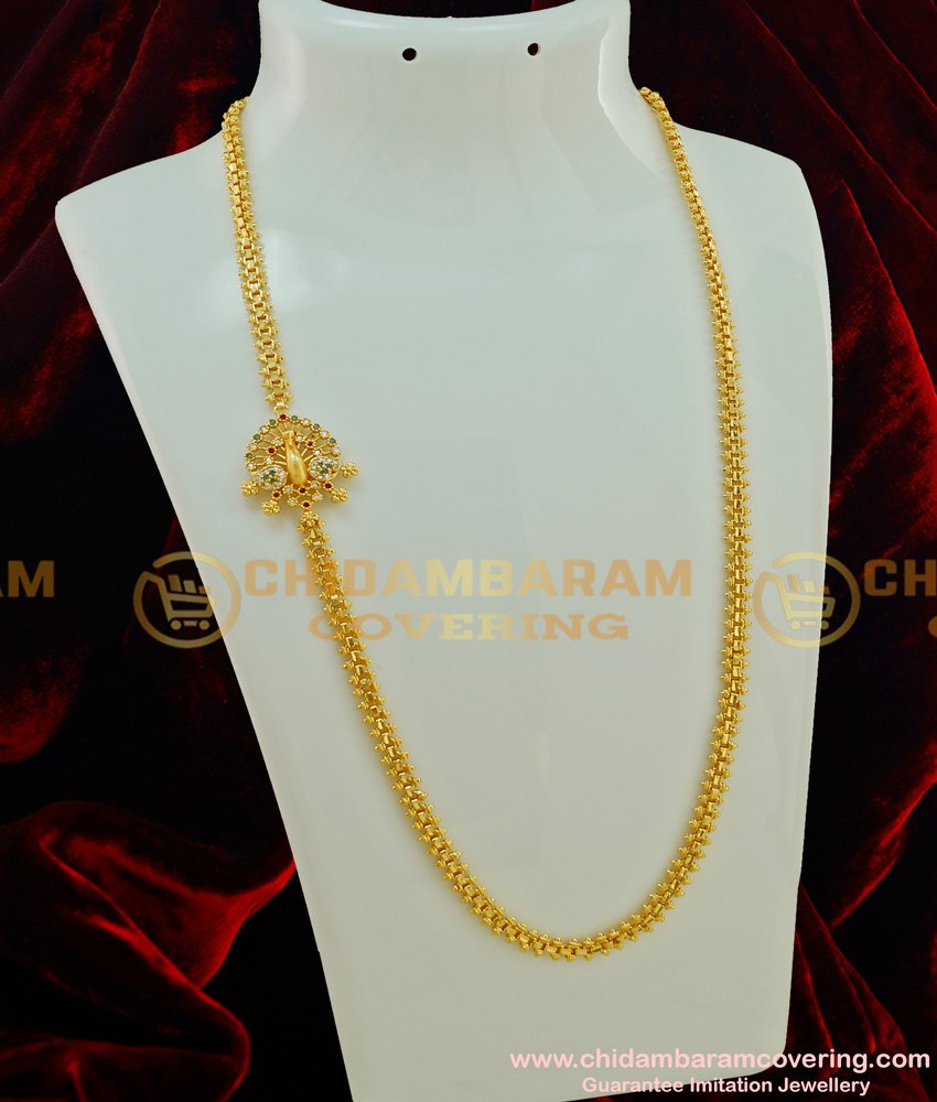 MCHN155 - Trendy One Gram Gold AD Stone Peacock Design Mugappu Thali Chain for Women