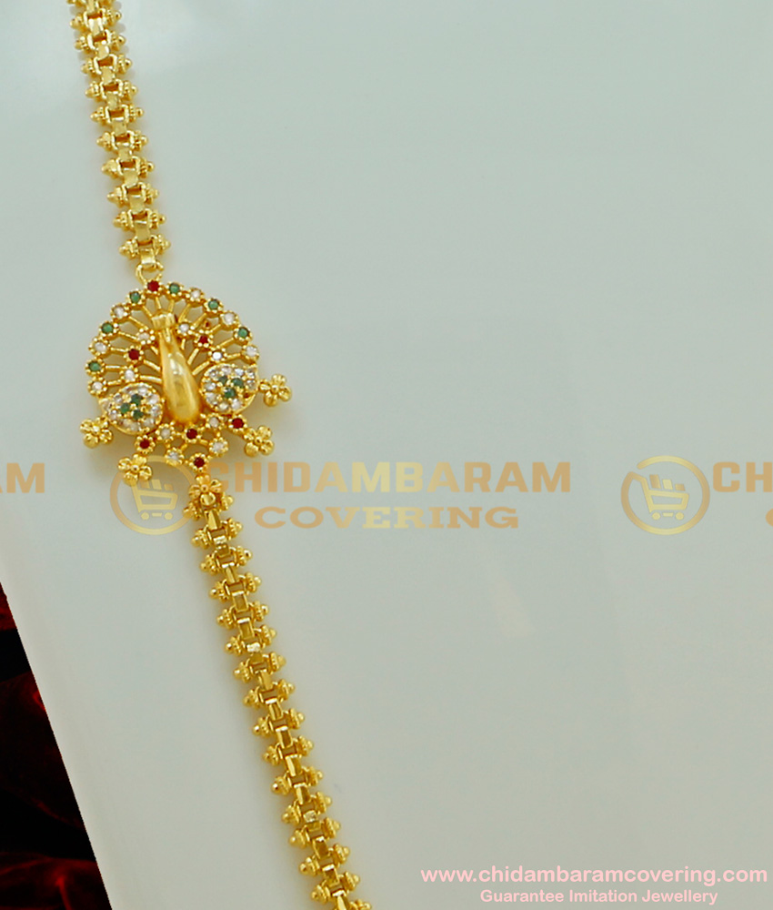 MCHN155 - Trendy One Gram Gold AD Stone Peacock Design Mugappu Thali Chain for Women