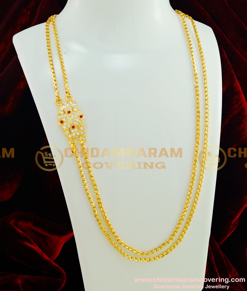 MCHN165 - New Modal Impon Ad Stone Side Pendant with Double Layer Gold Chain Design Mugappu Chain  