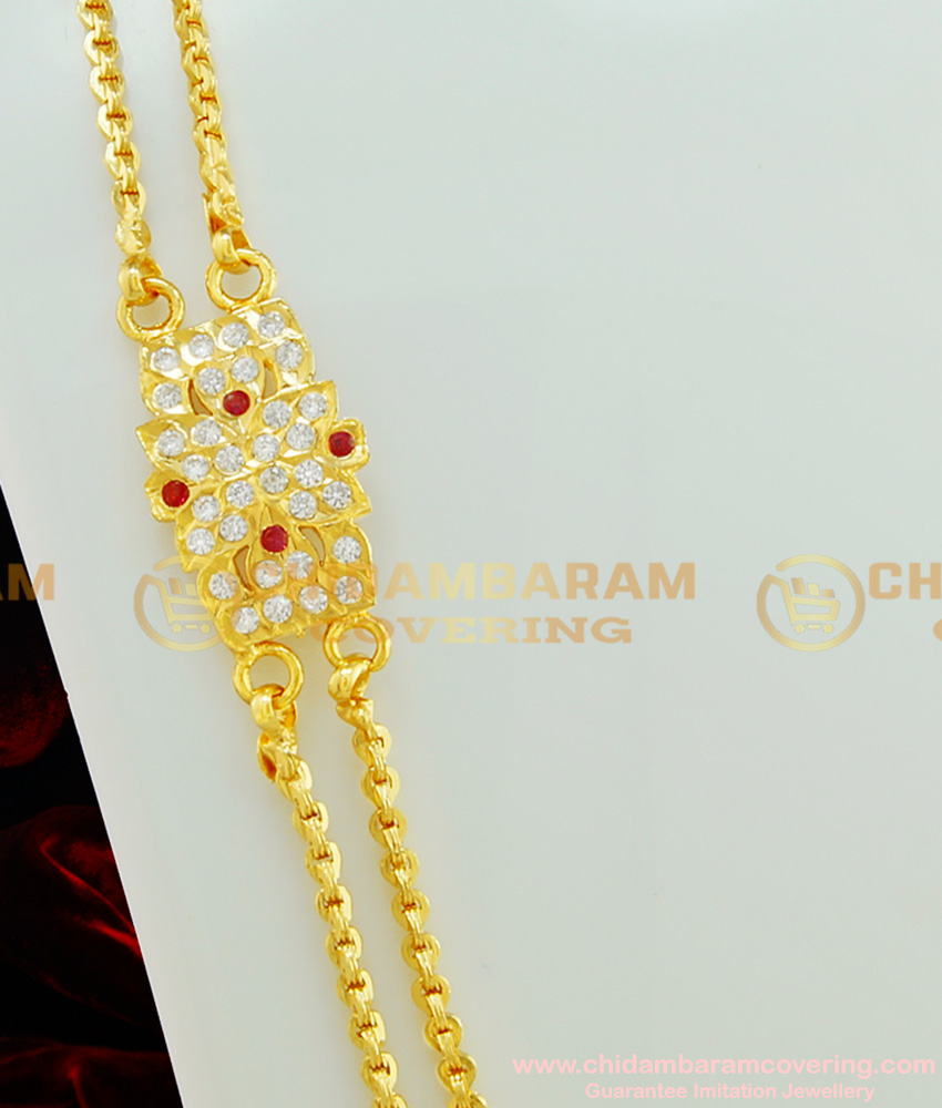 MCHN165 - New Modal Impon Ad Stone Side Pendant with Double Layer Gold Chain Design Mugappu Chain  
