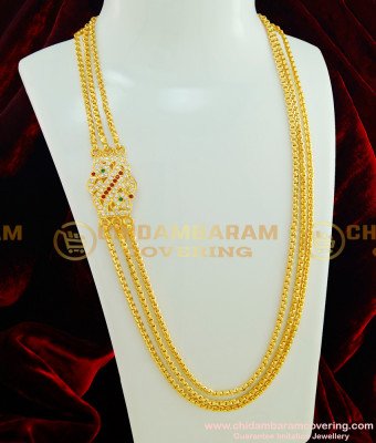 MCHN168 - Impon Mugappu Design Ad Multi Stone Big Side Pendant Three Line Mugappu Chain Design Online