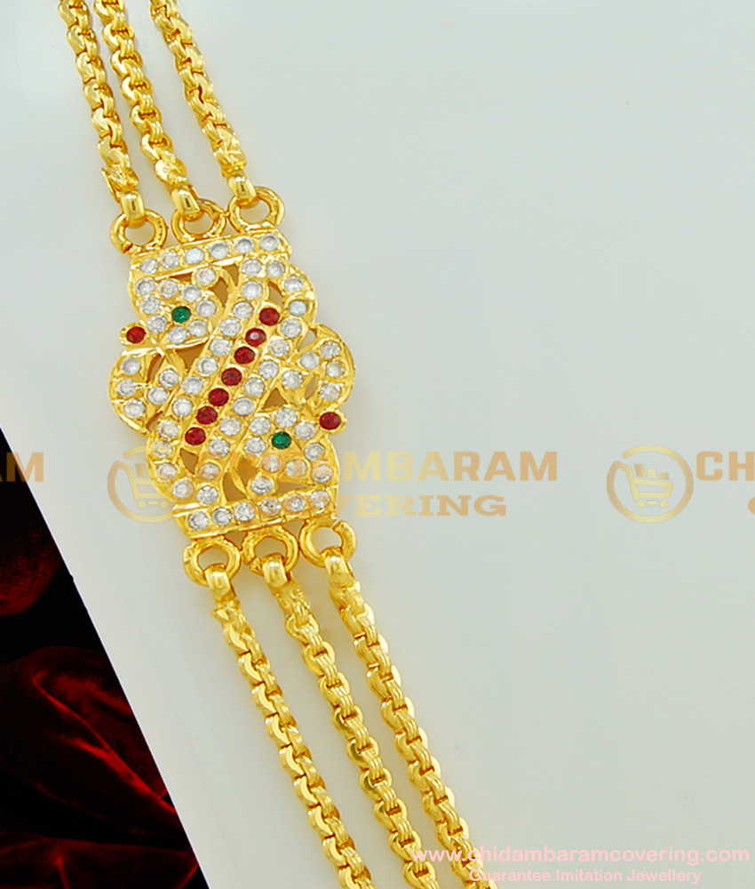 MCHN168 - Impon Mugappu Design Ad Multi Stone Big Side Pendant Three Line Mugappu Chain Design Online