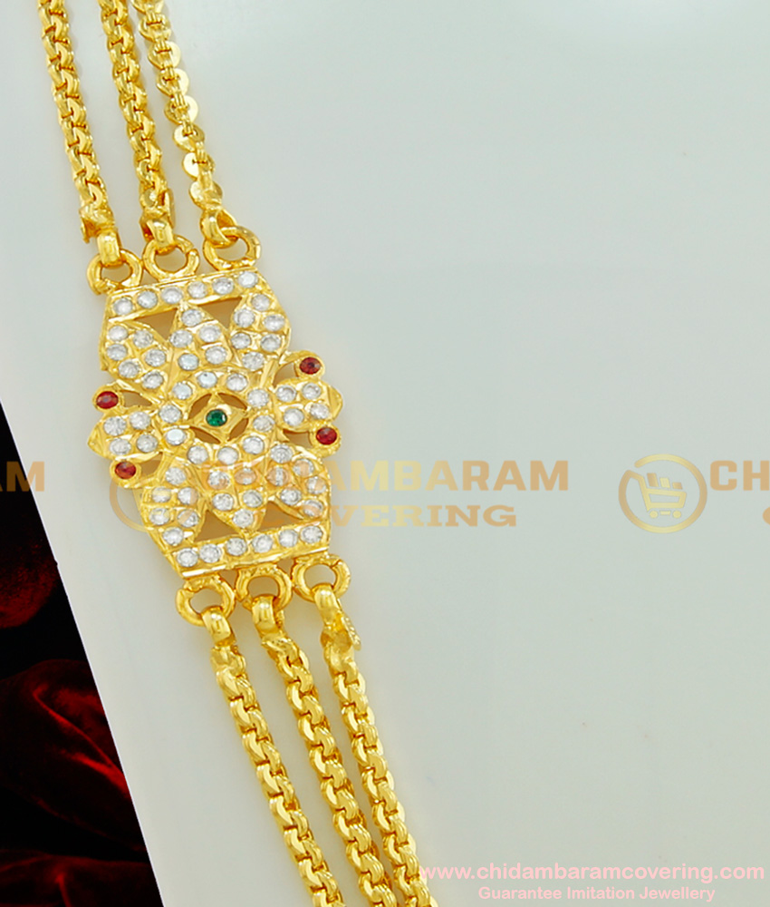 MCHN170 - Beautiful Flower Design Impon Multi Stone Mugappu 3 Line Gold Plated Chain Buy Online