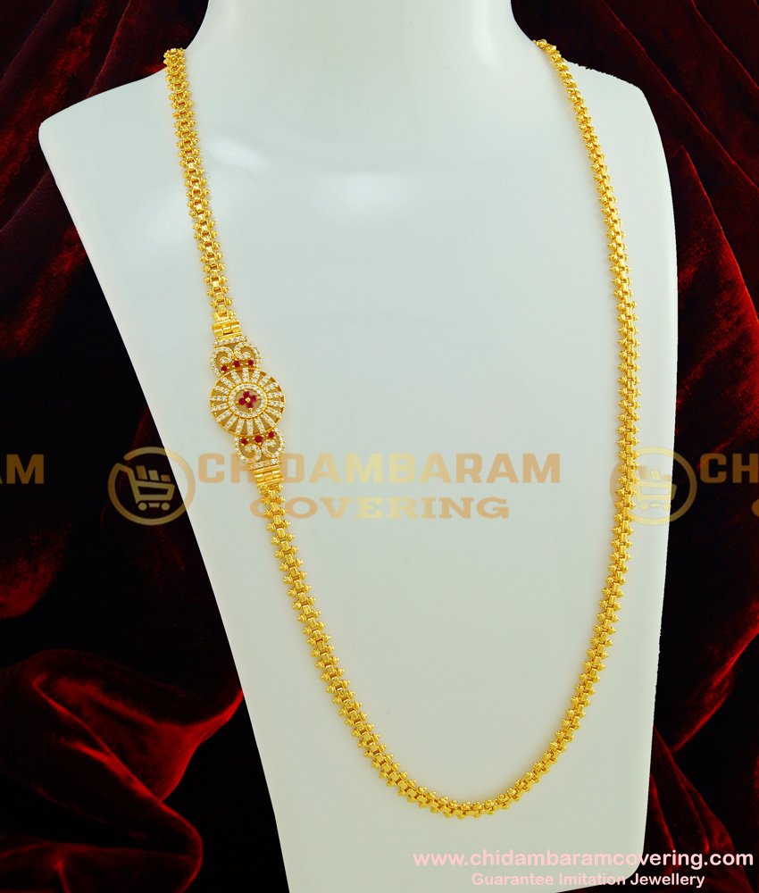 MCHN171 - One Gram Gold Plated Ad Stone Big Side Pendant Mugappu Chain for Women 