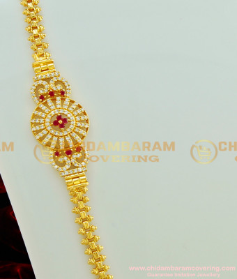MCHN171 - One Gram Gold Plated Ad Stone Big Side Pendant Mugappu Chain for Women 