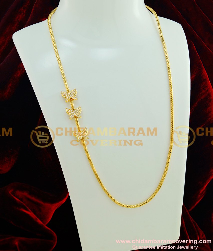 MCHN173 - New Design White Stone Butterfly Side Pendant Mugappu Thali Roll Kodi Chain Gold Plated Jewellery 