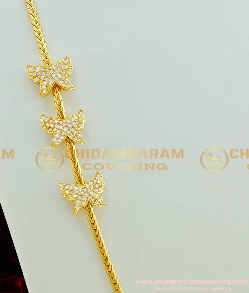 MCHN173 - New Design White Stone Butterfly Side Pendant Mugappu Thali Roll Kodi Chain Gold Plated Jewellery 