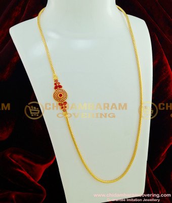 MCHN177 - Attractive Gold Covering New Model Red Stone Flower Design Mugappu Chain Imitation Jewellery 