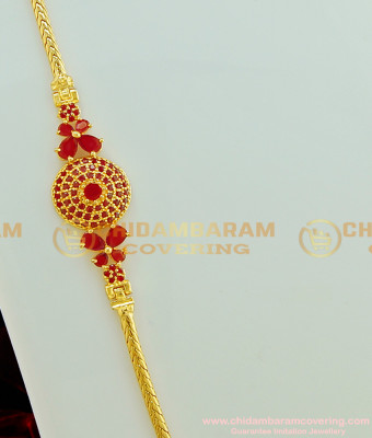 MCHN177 - Attractive Gold Covering New Model Red Stone Flower Design Mugappu Chain Imitation Jewellery 