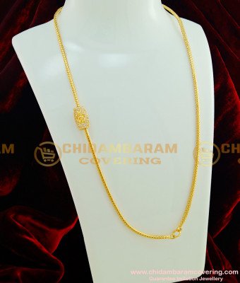 MCHN179 - Latest American Diamond Gold Lakshmi Mugappu Designs Side Stone Pendant with Roll Chain for Women