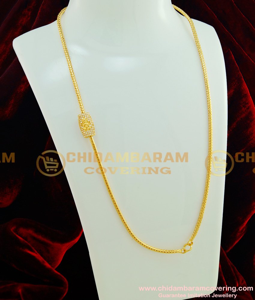 MCHN179 - Latest American Diamond Gold Lakshmi Mugappu Designs Side Stone Pendant with Roll Chain for Women