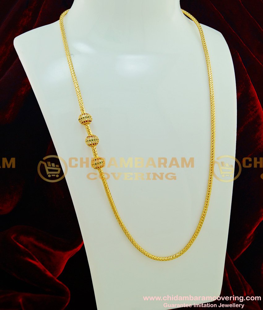 MCHN186 - South Indian Mugappu Chain Multi Stone Three Balls Design Side Pendant Thali Kodi Chain 