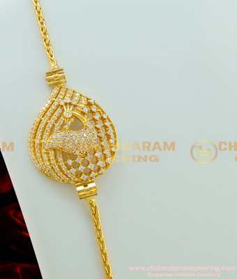 MCHN195 - 30 Inches American Diamond Full White Stone Peacock Design Big Size Pendant Mugappu Chain Online