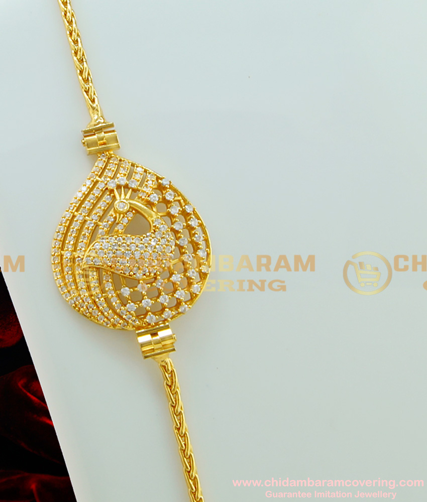 MCHN195 - 30 Inches American Diamond Full White Stone Peacock Design Big Size Pendant Mugappu Chain Online