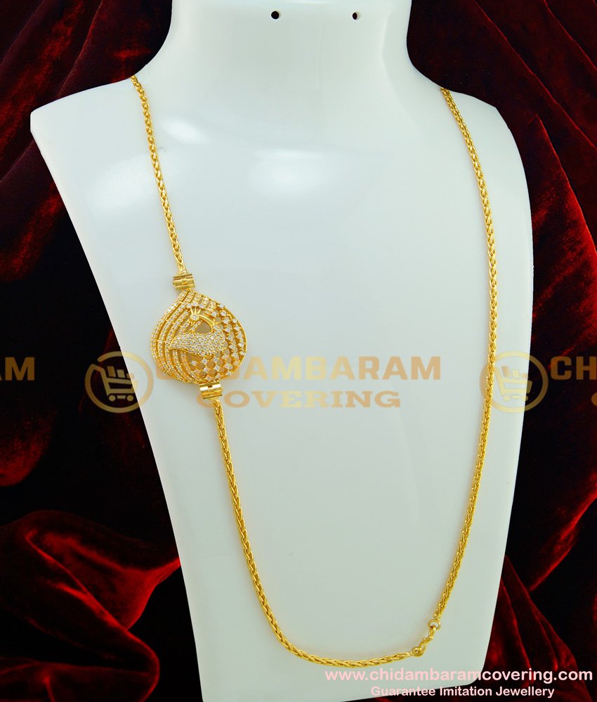MCHN195 - 30 Inches American Diamond Full White Stone Peacock Design Big Size Pendant Mugappu Chain Online