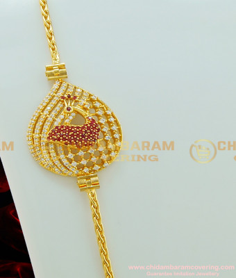 MCHN196 - 30 Inches American Diamond White and Ruby Stone Peacock Design Big Size Pendant Mugappu Chain Online