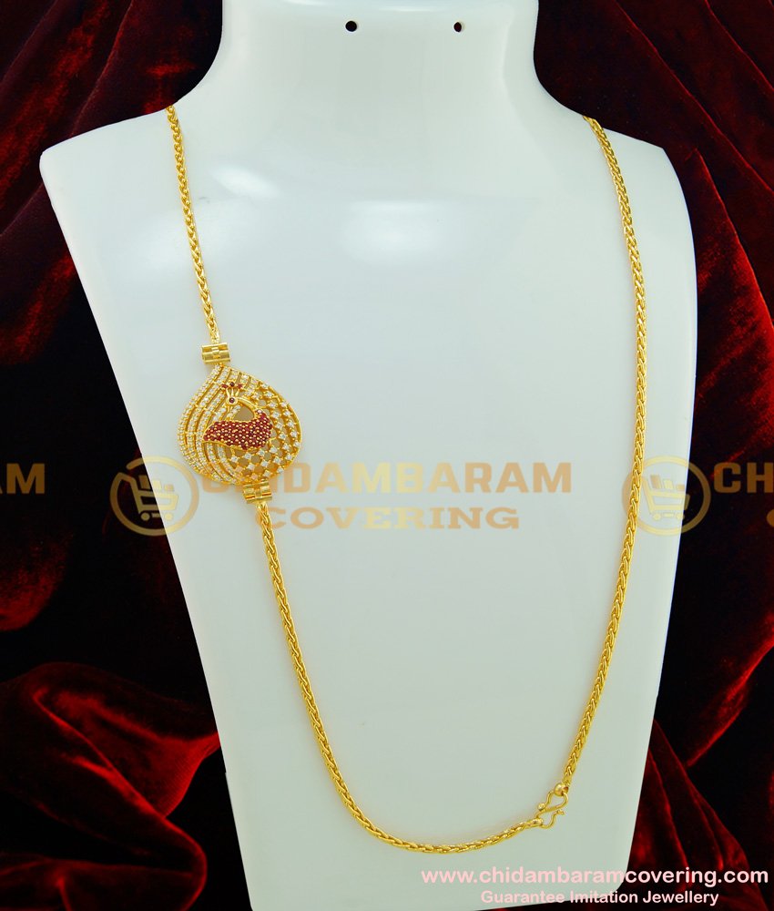 MCHN196 - 30 Inches American Diamond White and Ruby Stone Peacock Design Big Size Pendant Mugappu Chain Online
