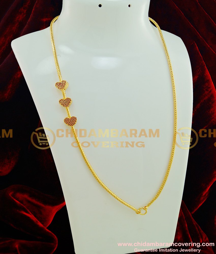 MCHN200 - Pure Gold Plated Ruby Stone Gold Finish Heart Design Mugappu Chain Design for Ladies