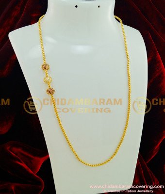 MCHN203 - One Gram Gold Plated White and Ruby Stone Balls Design Side Locket Thali Saradu Chain Online