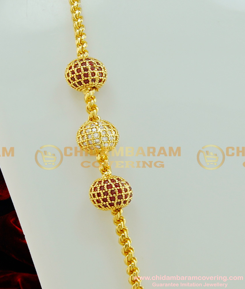 MCHN203 - One Gram Gold Plated White and Ruby Stone Balls Design Side Locket Thali Saradu Chain Online