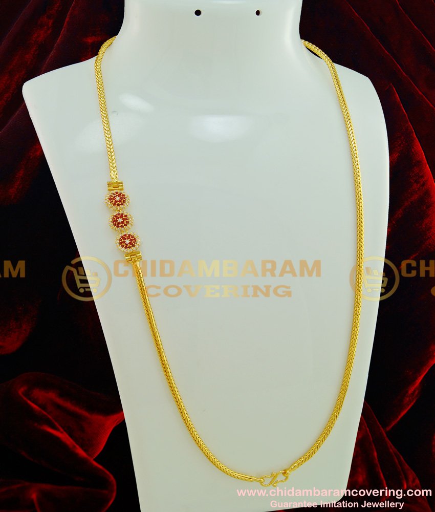 MCHN209 - 24 Inches New Model Mugappu Thali Chain White and Ruby Stone Designer Mugappu Chain