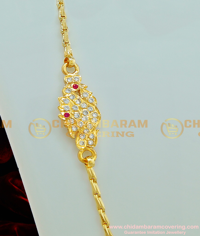 MCHN212 - Traditional Impon Peacock Design Stone Mugappu Gold Plated Mugappu Chain