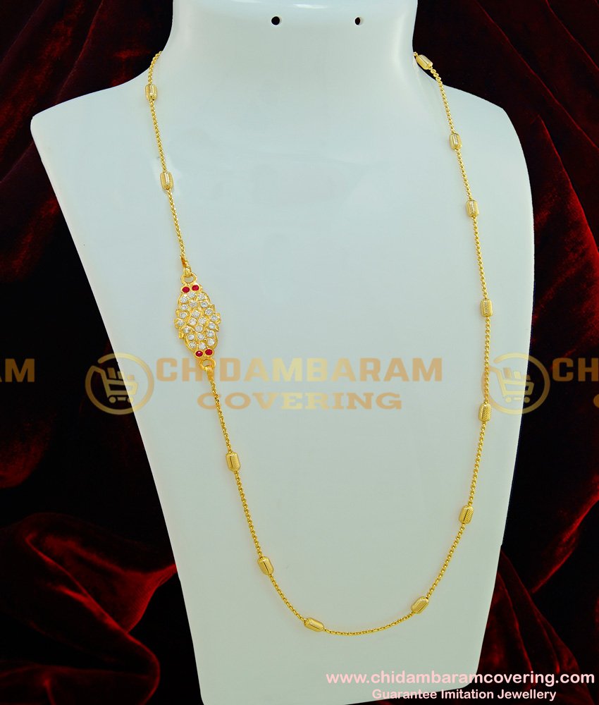 MCHN214 - Latest Impon Mugappu Pink and White Stone Mugappu With Light Weight Kerala Chain Designs Online