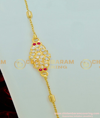 MCHN214 - Latest Impon Mugappu Pink and White Stone Mugappu With Light Weight Kerala Chain Designs Online