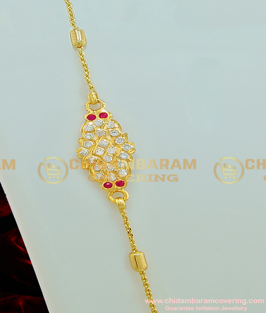 MCHN214 - Latest Impon Mugappu Pink and White Stone Mugappu With Light Weight Kerala Chain Designs Online