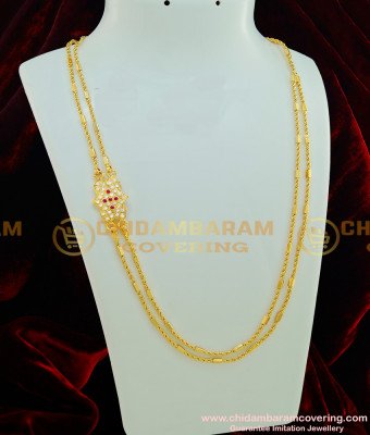 MCHN223 - Impon Daily Wear White and Ruby Stone Mugappu Chain Double Line Mugappu Chain Designs