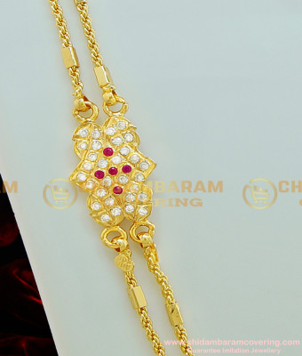 MCHN223 - Impon Daily Wear White and Ruby Stone Mugappu Chain Double Line Mugappu Chain Designs