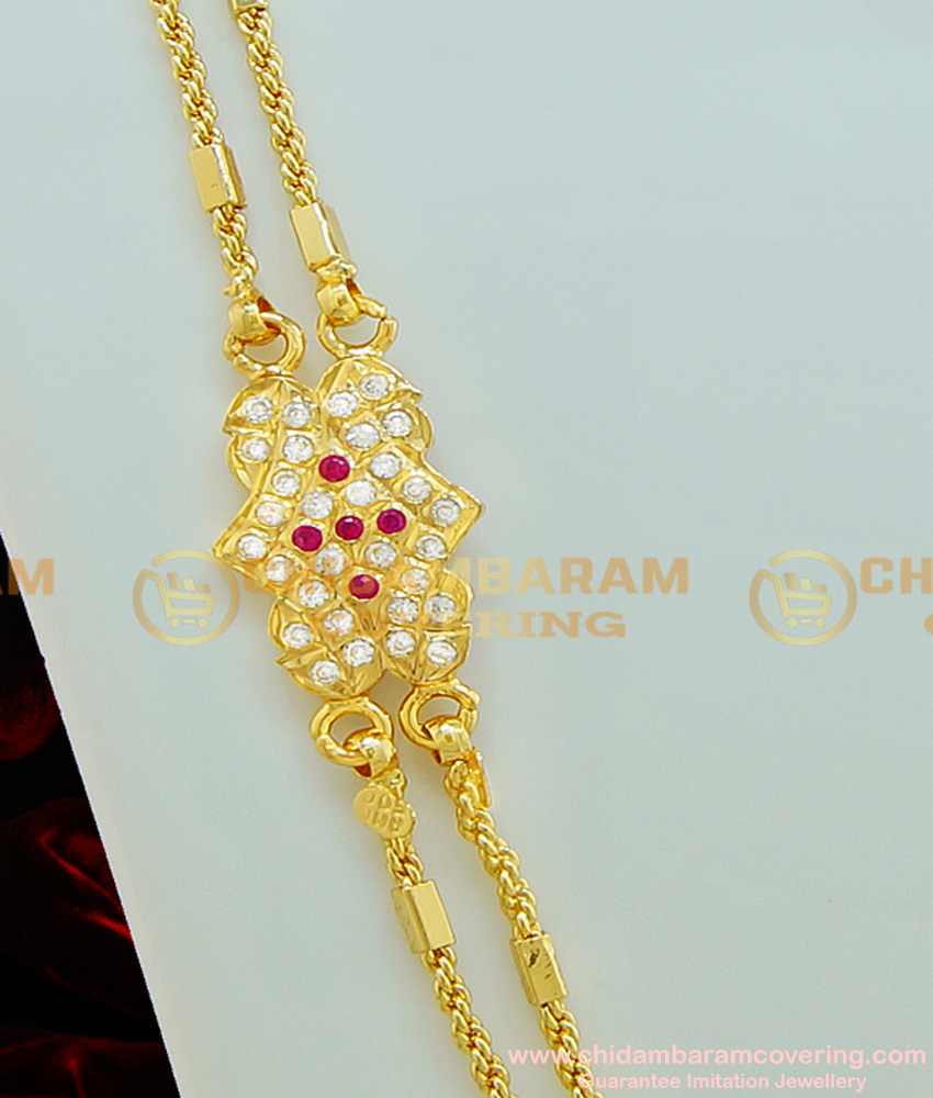 MCHN223 - Impon Daily Wear White and Ruby Stone Mugappu Chain Double Line Mugappu Chain Designs