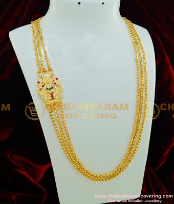 MCHN225 - Impon Ad Multi Stone Lakshmi Design Pendant Mugappu Three Line Mugappu Chain Design Online