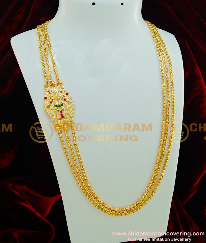 MCHN225 - Impon Ad Multi Stone Lakshmi Design Pendant Mugappu Three Line Mugappu Chain Design Online