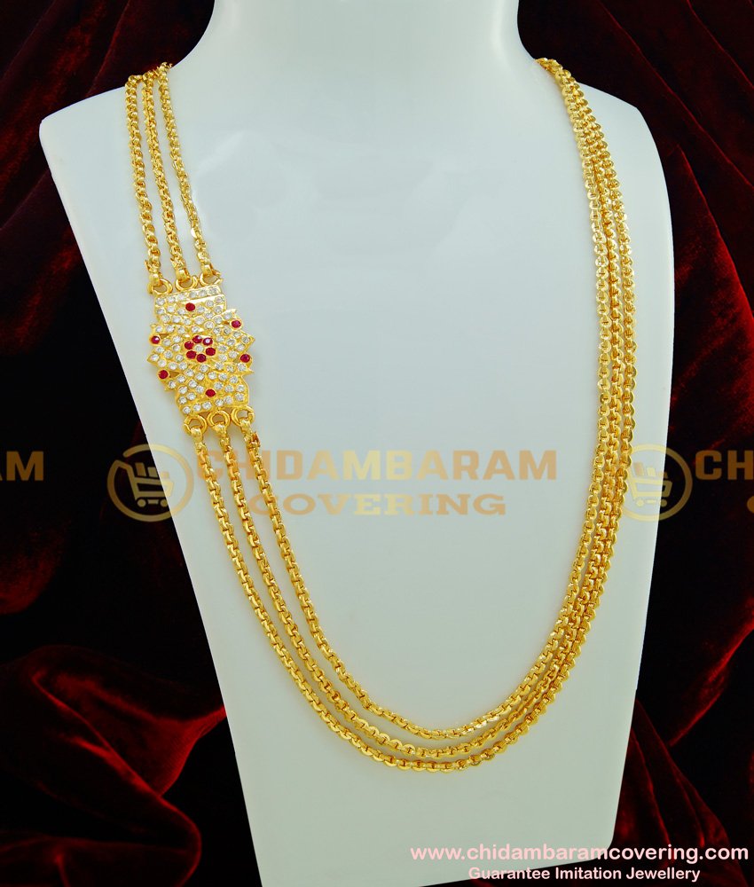 MCHN226 - Beautiful Flower Design Impon Ruby Stone Mugappu 3 Line Gold Plated Chain Buy Online